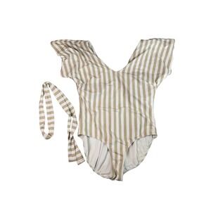 Albion Fit Tan White Striped Flutter Sleeve One Piece Swimsuit Size L Waist Tie